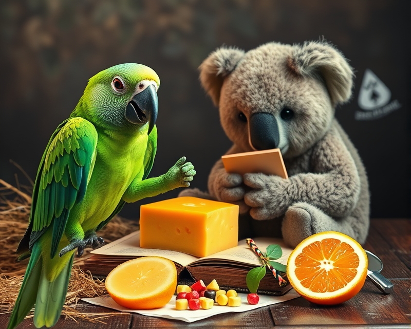 magnifying glass, lettuce, parrot, pickle, cheese, teddy bear, hay, gorilla, chameleon, book, napkin, orange, candy, koala, poker chip